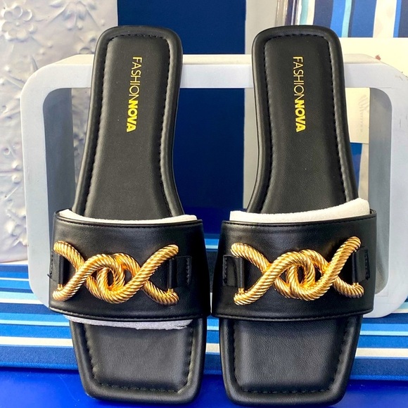 Fashion nova black gold rope hardware square toe flat sandals slides sz 10 - Picture 3 of 8